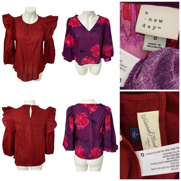 Lot of 2 Womens Tops Small Floral V Neck Poof Sleeve Ruffle Round Purple Red - Picture 4 of 12